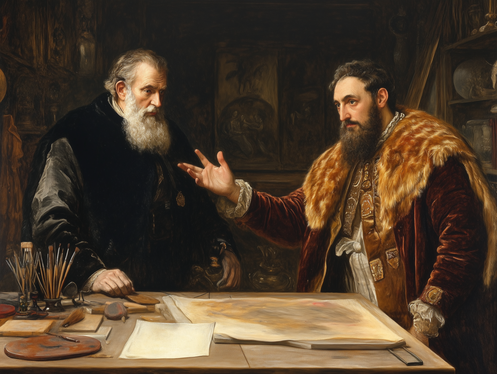 Midjourney 에게 프롬프트를 전달하는 것은, 화가에게 대신 그림을 그려달라고 하는 것과 마찬가지다 라는 이해를 돕기 위한 삽화